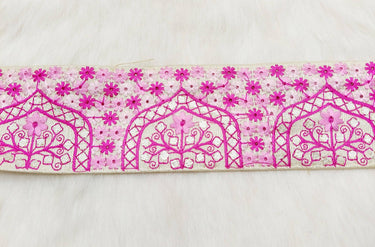 Beige Art Silk Fabric Trim Border with Floral Embroidery and Silver Indian Foil Work, Decorative Trimming, Crafting Lace